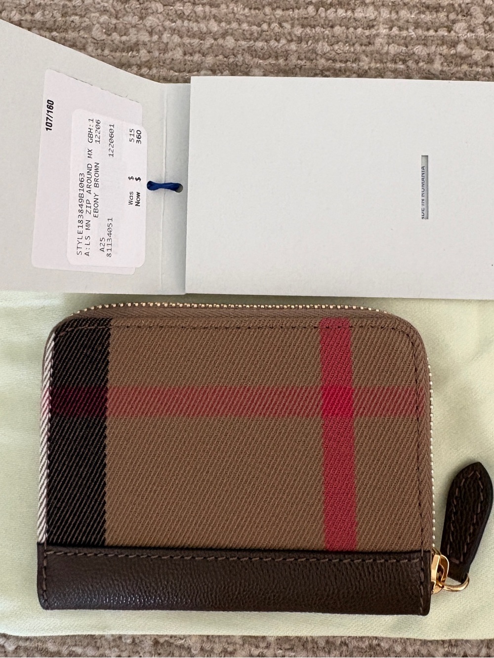 Burberry Brown Plaid Zip Money Clip Wallet with Red Accent